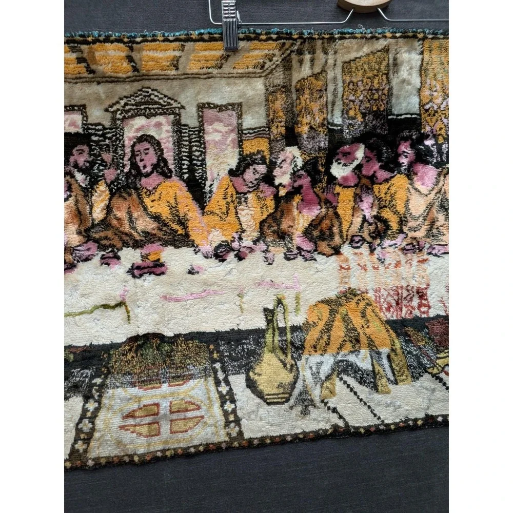 Vintage Jesus & The Last Supper Woven Tapestry Velvet Wall Rug Hanging 39